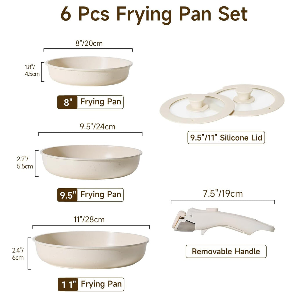 Nonstick Frying Pan Set, Non Stick Frying Pans with lid and Detachable Handle, Frying Pan Set with Removable Handle-8 Inch-9.5 Inch-11 Inch, Oven Safe, PFOA Free, Beige