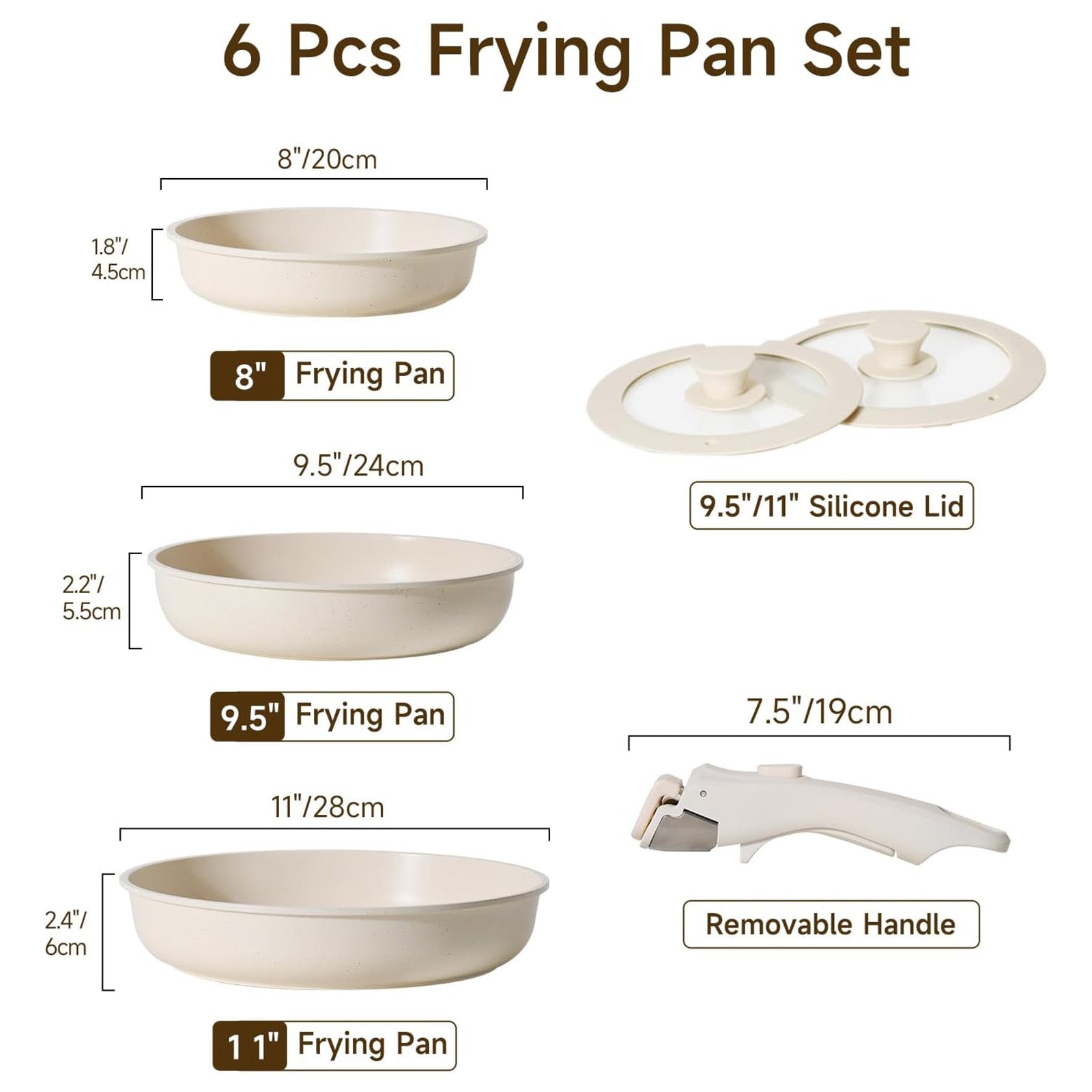 Nonstick Frying Pan Set, Non Stick Frying Pans with lid and Detachable Handle, Frying Pan Set with Removable Handle-8 Inch-9.5 Inch-11 Inch, Oven Safe, PFOA Free, Beige