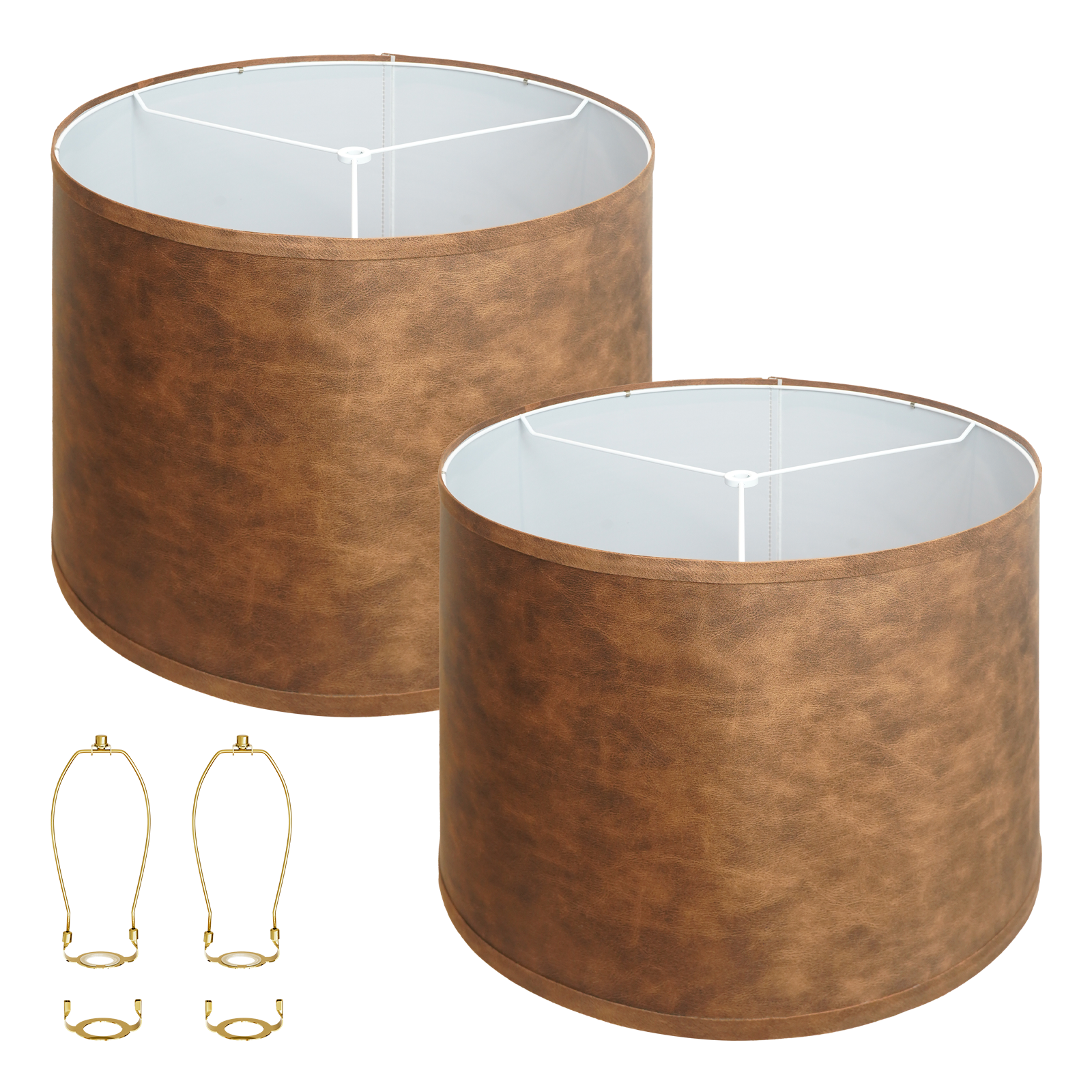 ALUCSET 2-Pack 15"×12" Brown Faux Leather Drum Lamp Shades, Spider Fitter with Harp Included for Table & Floor Lamps