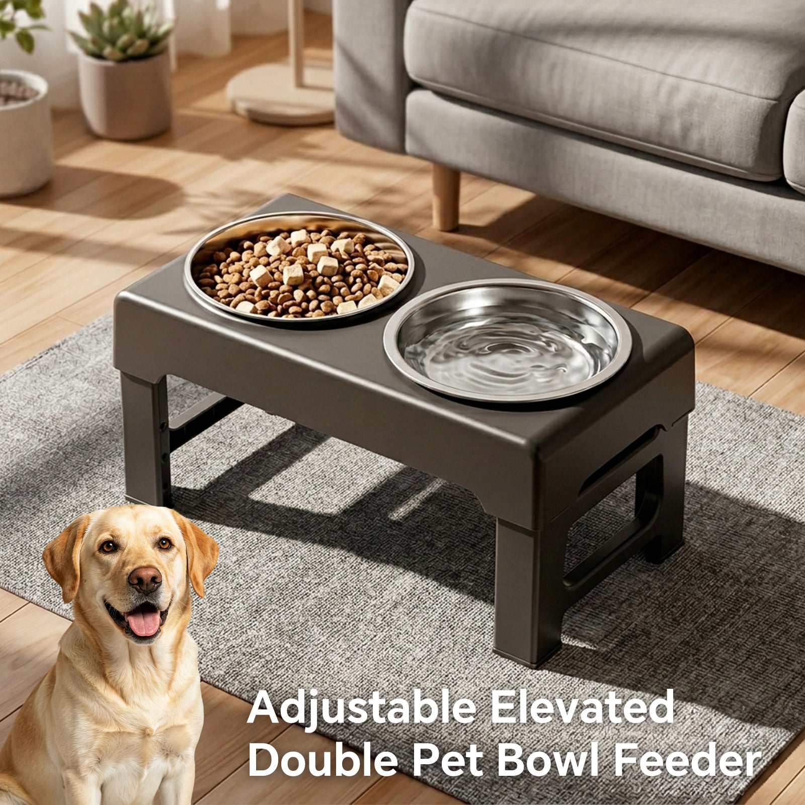 Adjustable Height Raised Dog Bowl Stand with Slow Feeder Bowl & Regular Stainless Steel Bowl, Elevated Pet Feeder Station for Small Medium Large Dogs