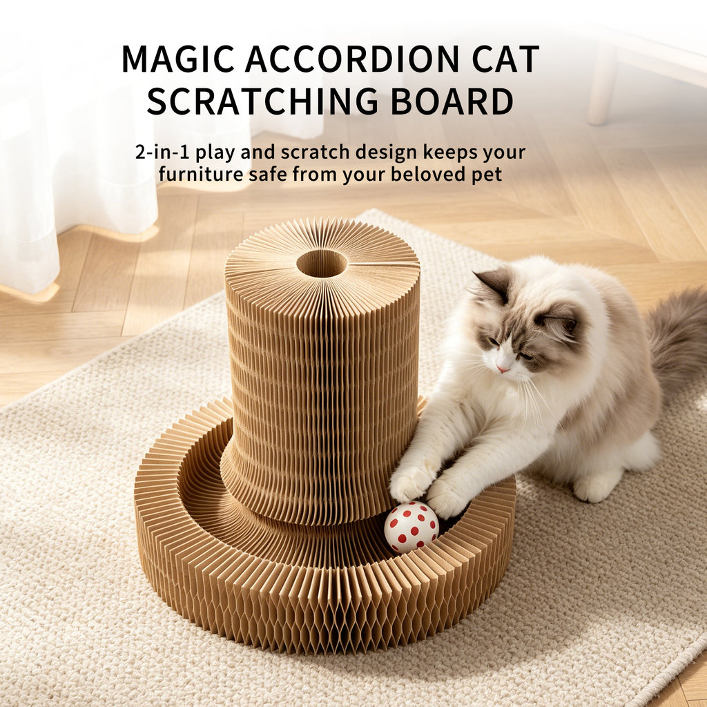 Magic Accordion Cat Scratcher Toy, Foldable Corrugated Cardboard Cat Scratching Board with Ball Track, Interactive Indoor Cat Toy & Furniture Protector