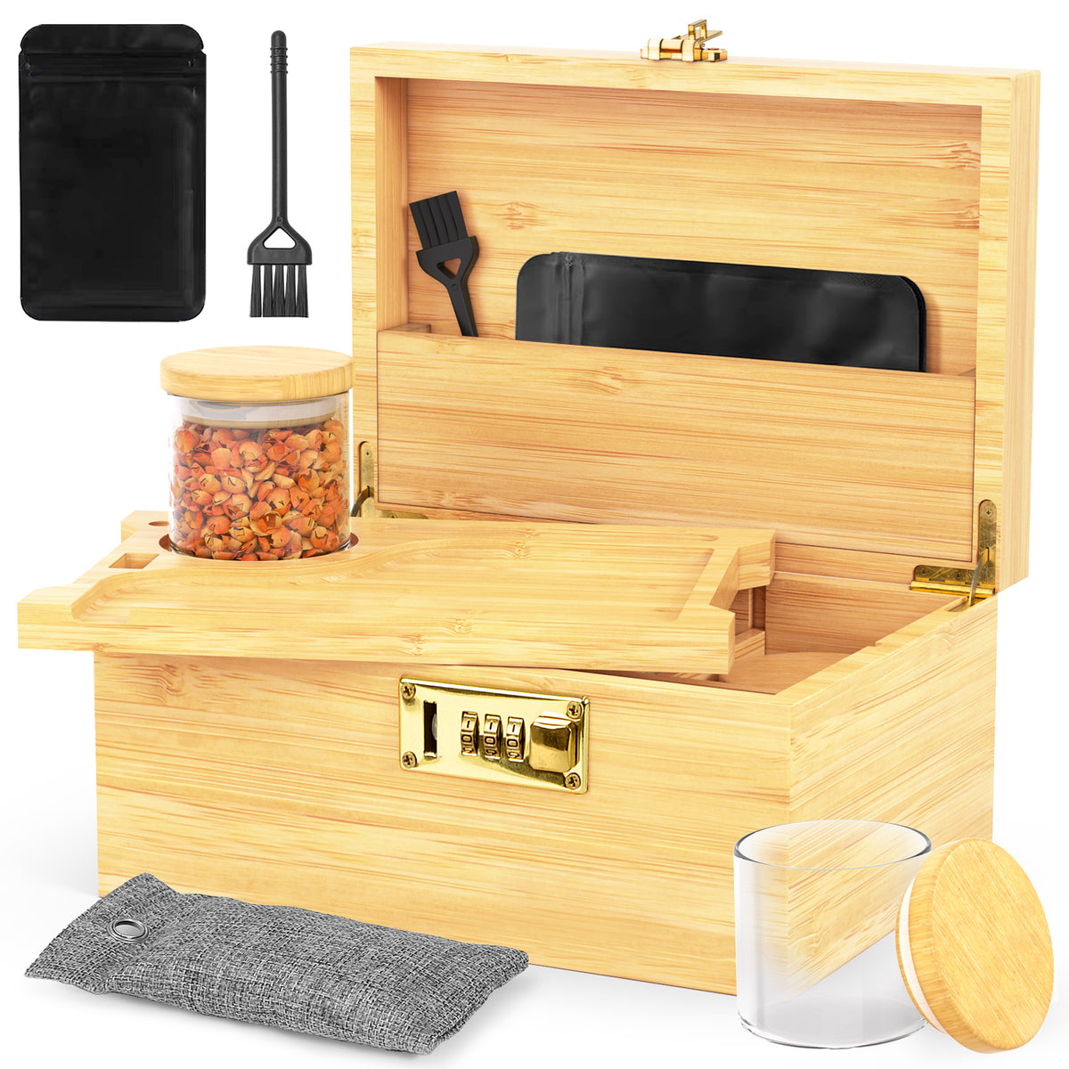 Premium Large Bamboo Box With Combination Lock Decorative Box For Home, Box Kit With Glass Jars And Organizer Tray - Storage Wood Box Accessories