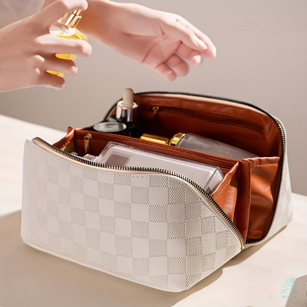 Checkered Makeup Bag, Large Capacity Cosmetic Bag with Handle, Portable Waterproof Travel Toiletry Organizer for Women