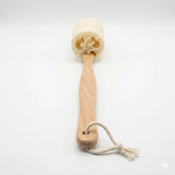AEELLEEA Natural Loofah Bath Brush with Long Wooden Handle, Exfoliating Shower Scrubber for Back Body