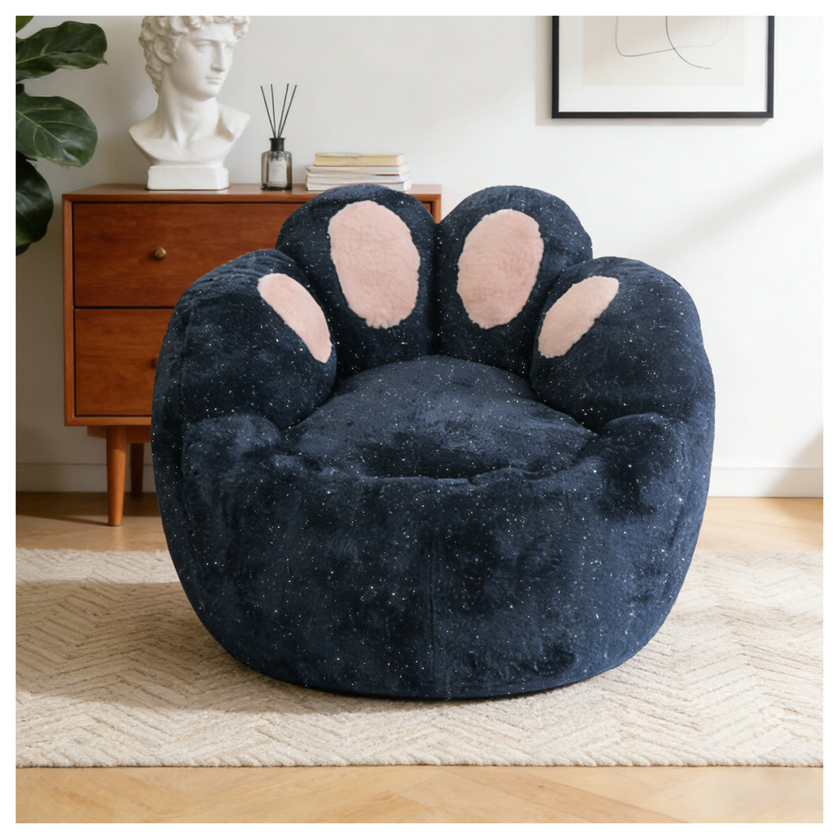 AEELLEEA Cat Paw Bean Bag Chair for Adults, Plush Foam Lounge Chair with Backrest, Non-Slip Floor Sofa for Bedroom, Navy Blue