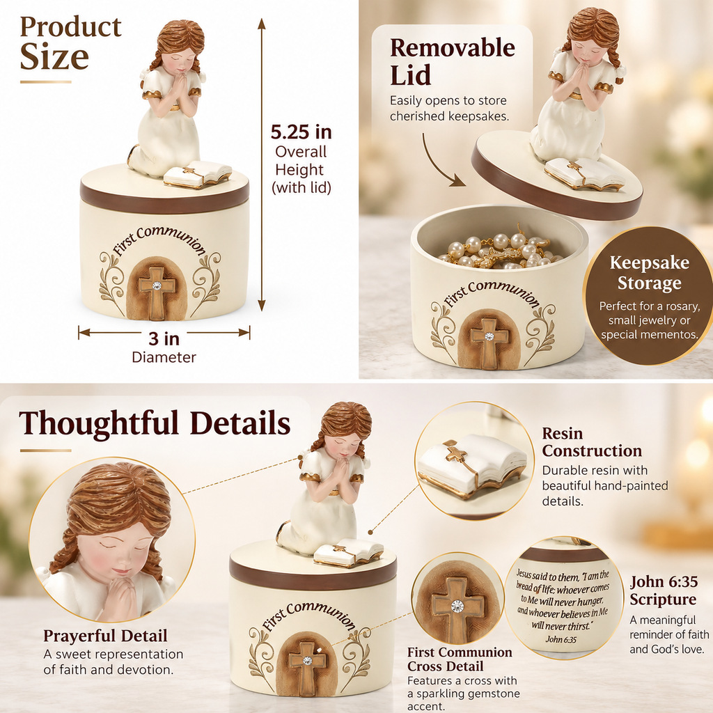 First Communion Keepsake Box with Praying Girl Figurine, Resin Religious Jewelry Box with Removable Lid, 5.25"