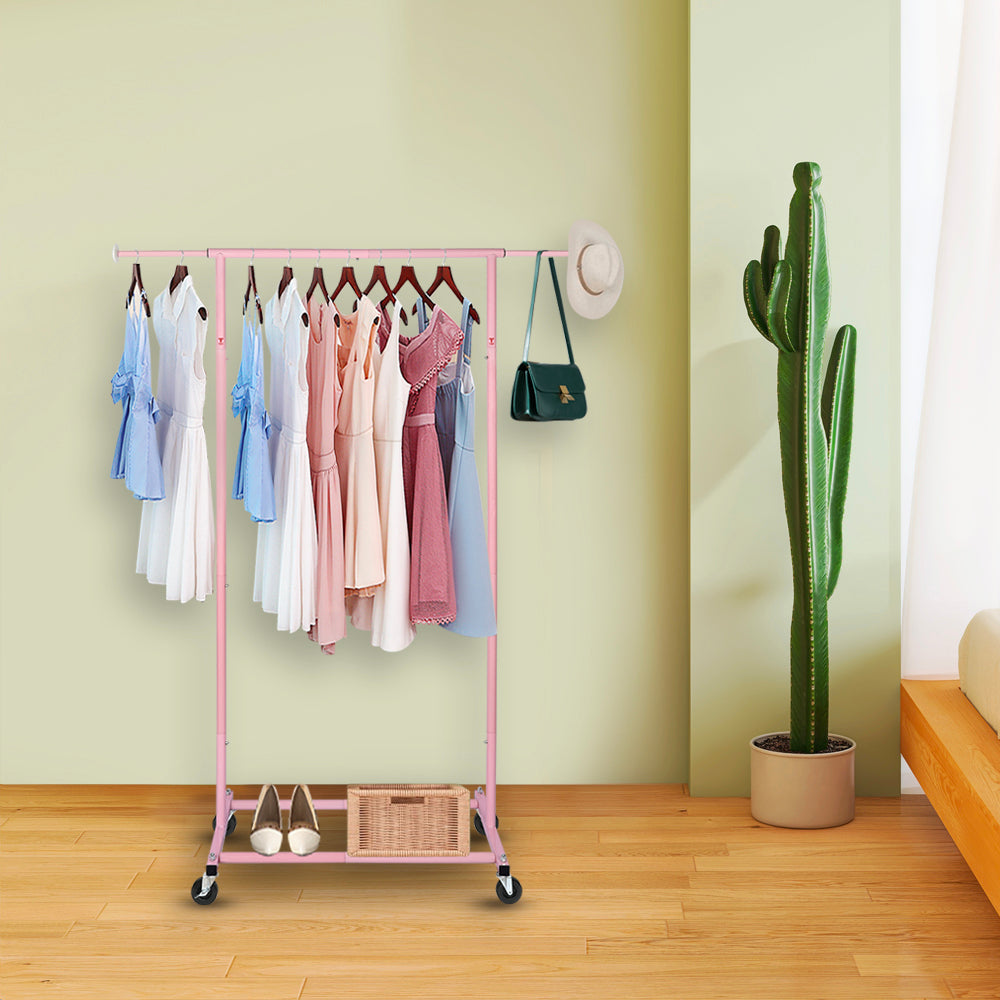 Pink Rolling Garment Rack with Wheels, Adjustable Single Rod Metal Clothes Rack, Heavy-Duty Clothing Organizer Holds Up to 150 lbs for Bedroom, Dorm, Laundry Room, and Balcony