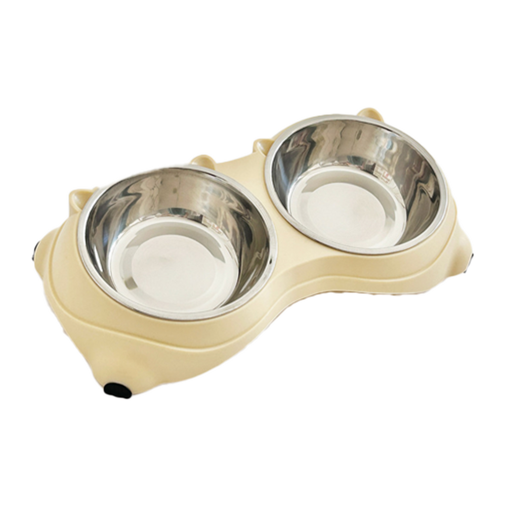 15° Tilted Double Stainless Steel Pet Bowls for Cats & Small Dogs, Non-Slip Food & Water Feeder - Beige