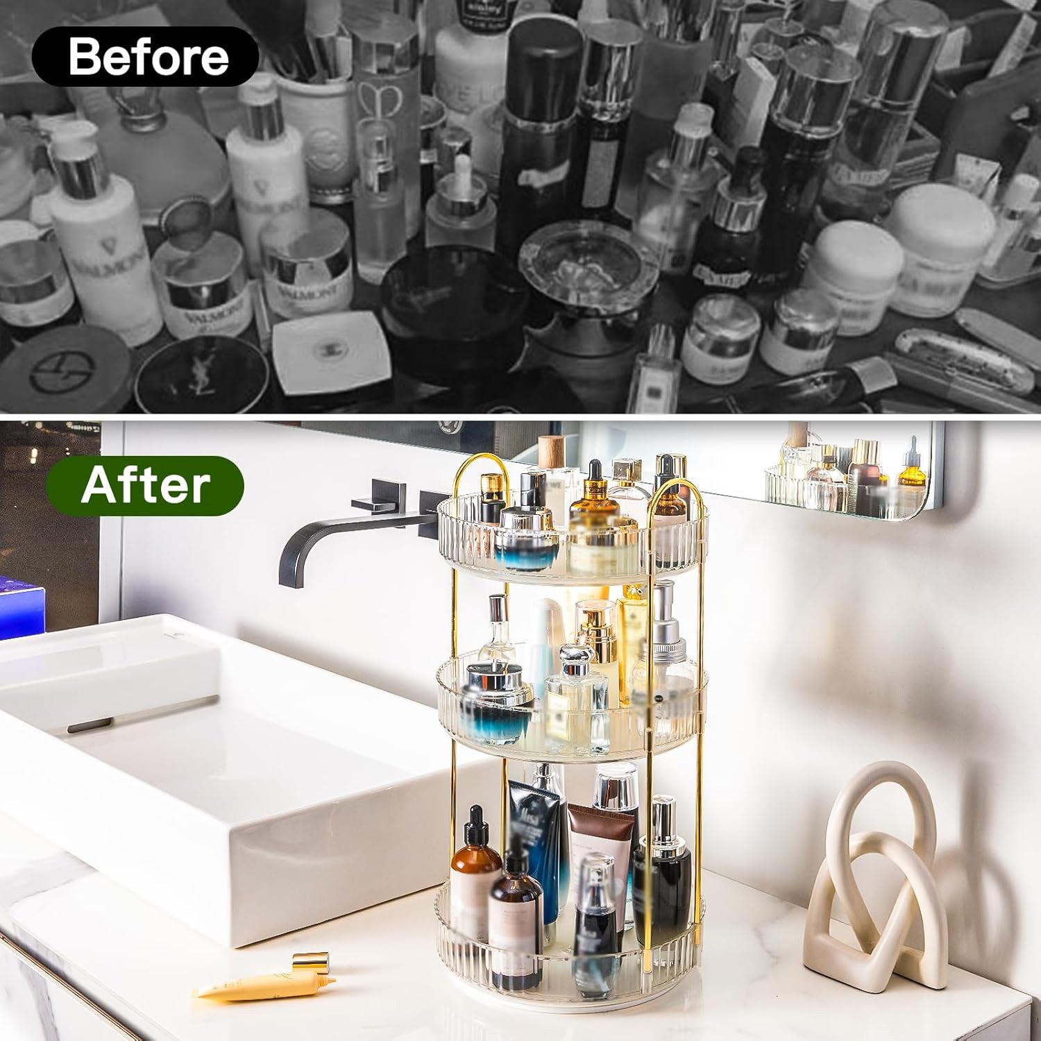 360 Rotating Makeup Organizer for Vanity, 3 Tier Adjustable Perfume Organizer for Dresser, Multi-Function Spinning Cosmetics Skincare Storage for Bedroom, Dresser, Countertop, Clear