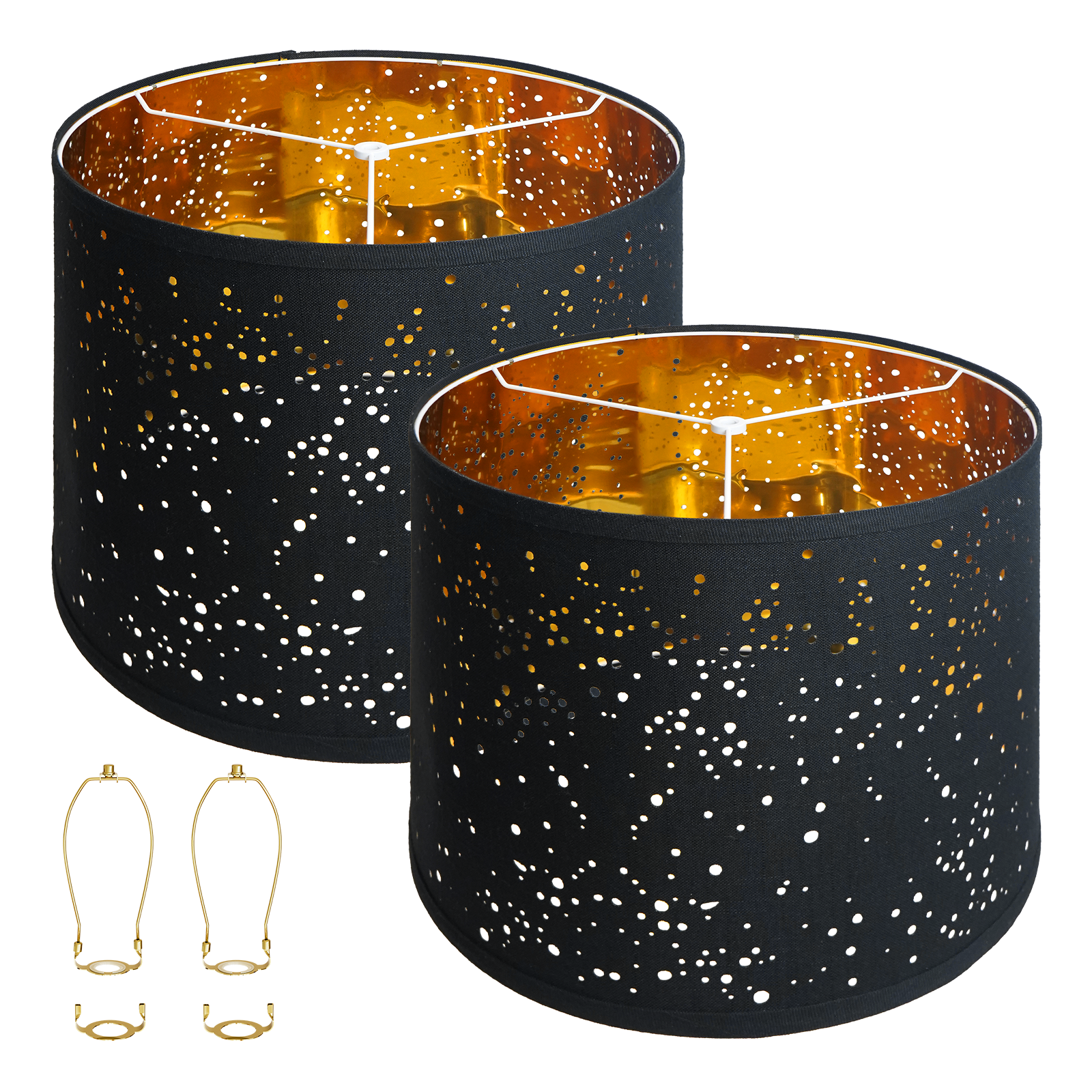 ALUCSET 2-Pack 15"×12" Black Starry Sky Drum Lamp Shades, Spider Fitter with Harp Included, Gold Inner Lining