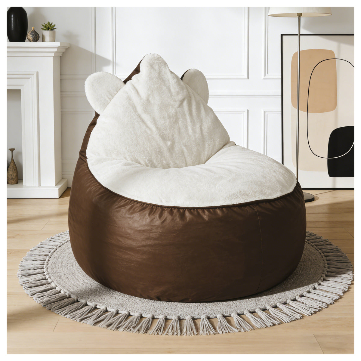 AEELLEEA Cute Animal Ear Bean Bag Chair, Dual Fabric Faux Leather & Rabbit Fleece Oversized Lazy Sofa for Bedroom Gaming Room
