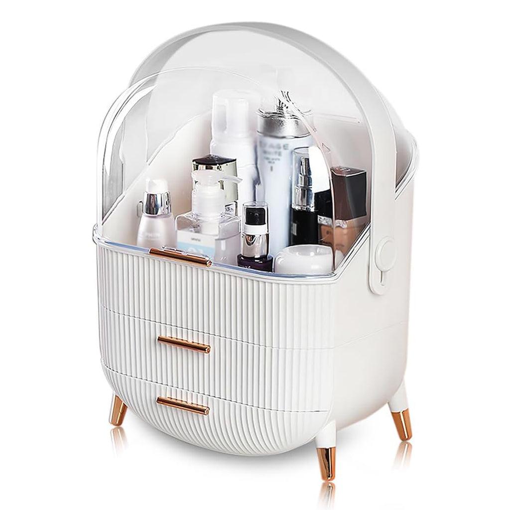 Makeup Organizers and Storage, vanity makeup organizer, cosmetic skincare storage, with lid and drawers, display case, countertop, white
