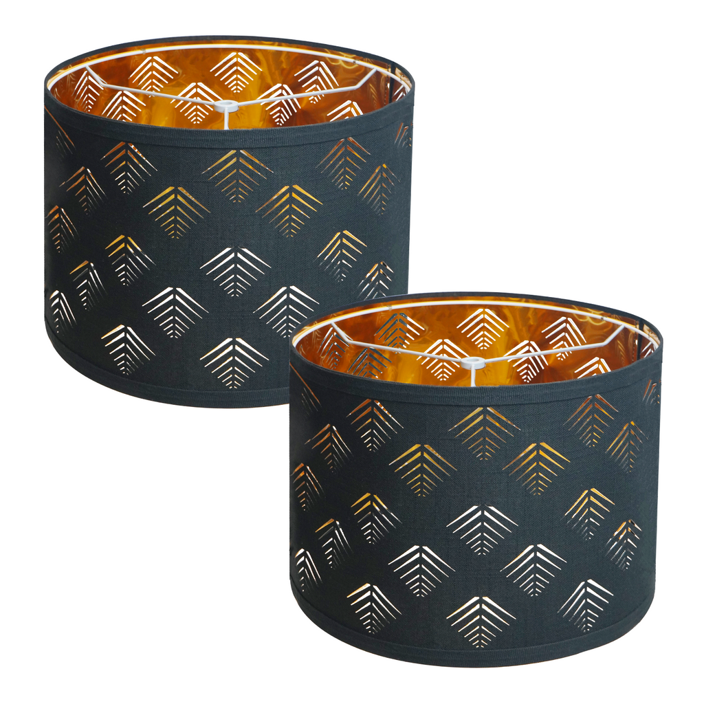 ALUCSET 2-Pack Black Drum Lamp Shades 13"×10", Cutout Pattern with Gold Lining, Spider Fitter Replacement Shades for Table & Floor Lamps