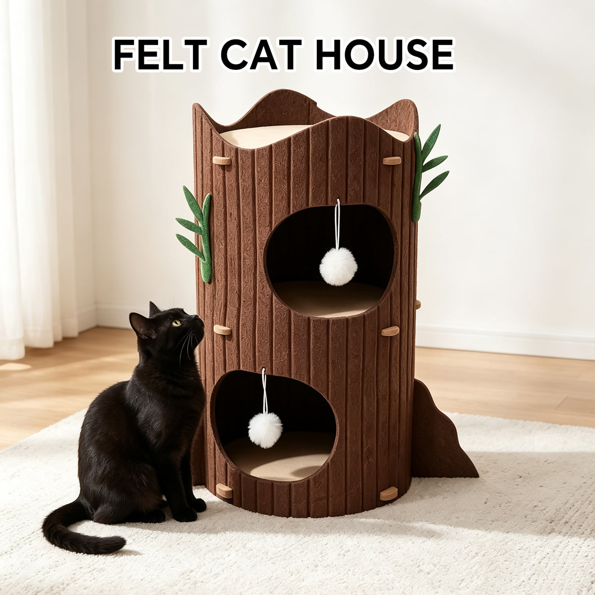 2-Tier Felt Cat House for Indoor Cats, Foldable Cat Bed Cave with Hanging Toy Ball, Scratch-Resistant Hideaway for Play & Sleep
