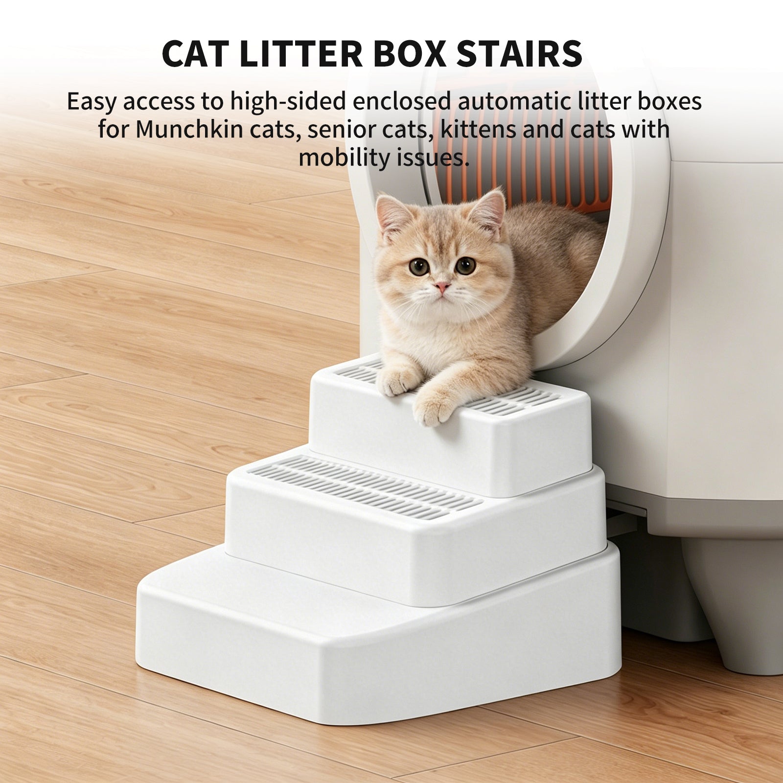 Adjustable 3 Steps Litter Box Ramp, Litter Box Step with Filter Function, Easy to Clean Cat Litter Stair Catcher for Older Cats and Small Cats