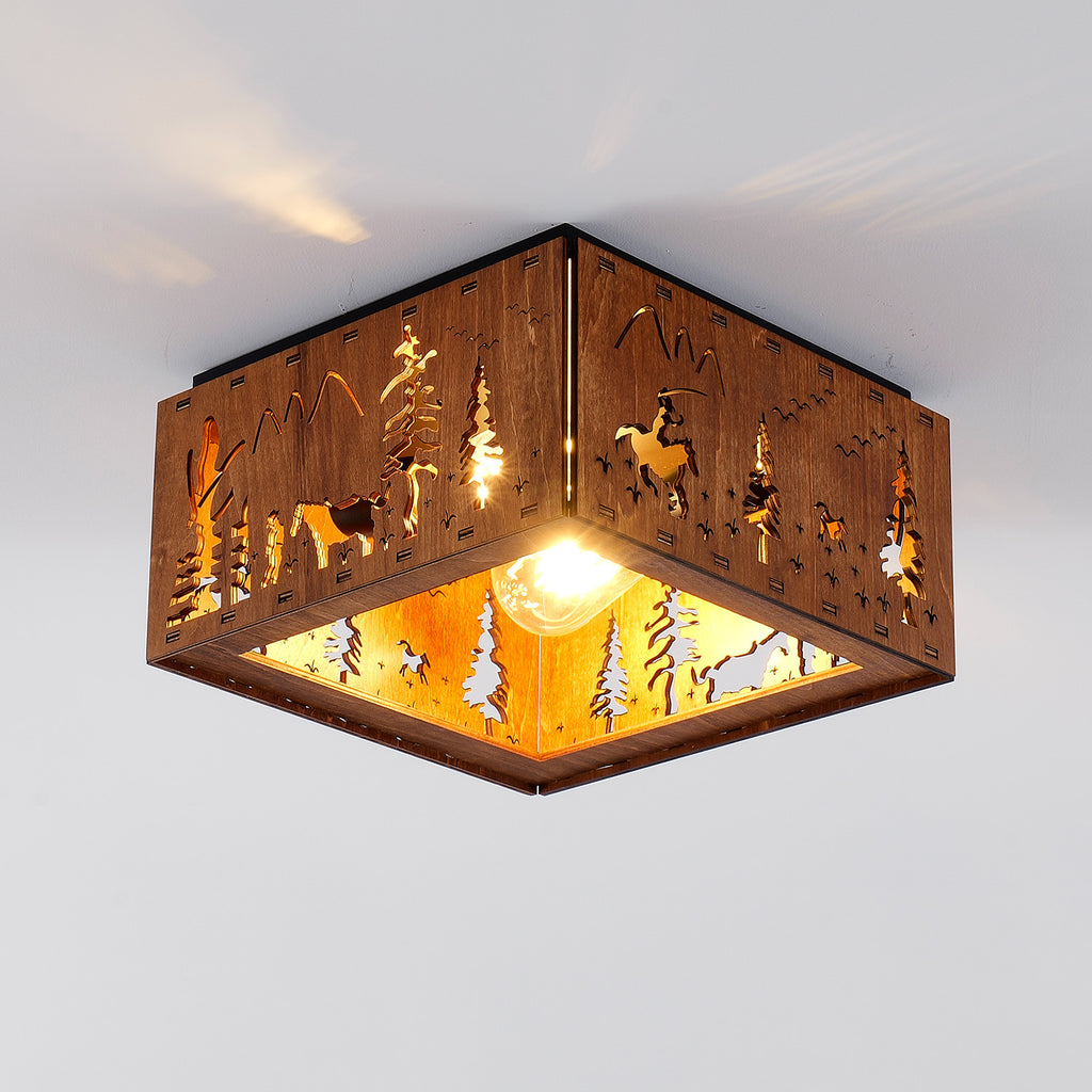 Square Walnut Flush Mount Ceiling Light, Tropical Palm Tree Cutout Wood Iron Ceiling Lamp with E26 Socket, Vintage Rustic Ceiling Light for Bedroom Hallway