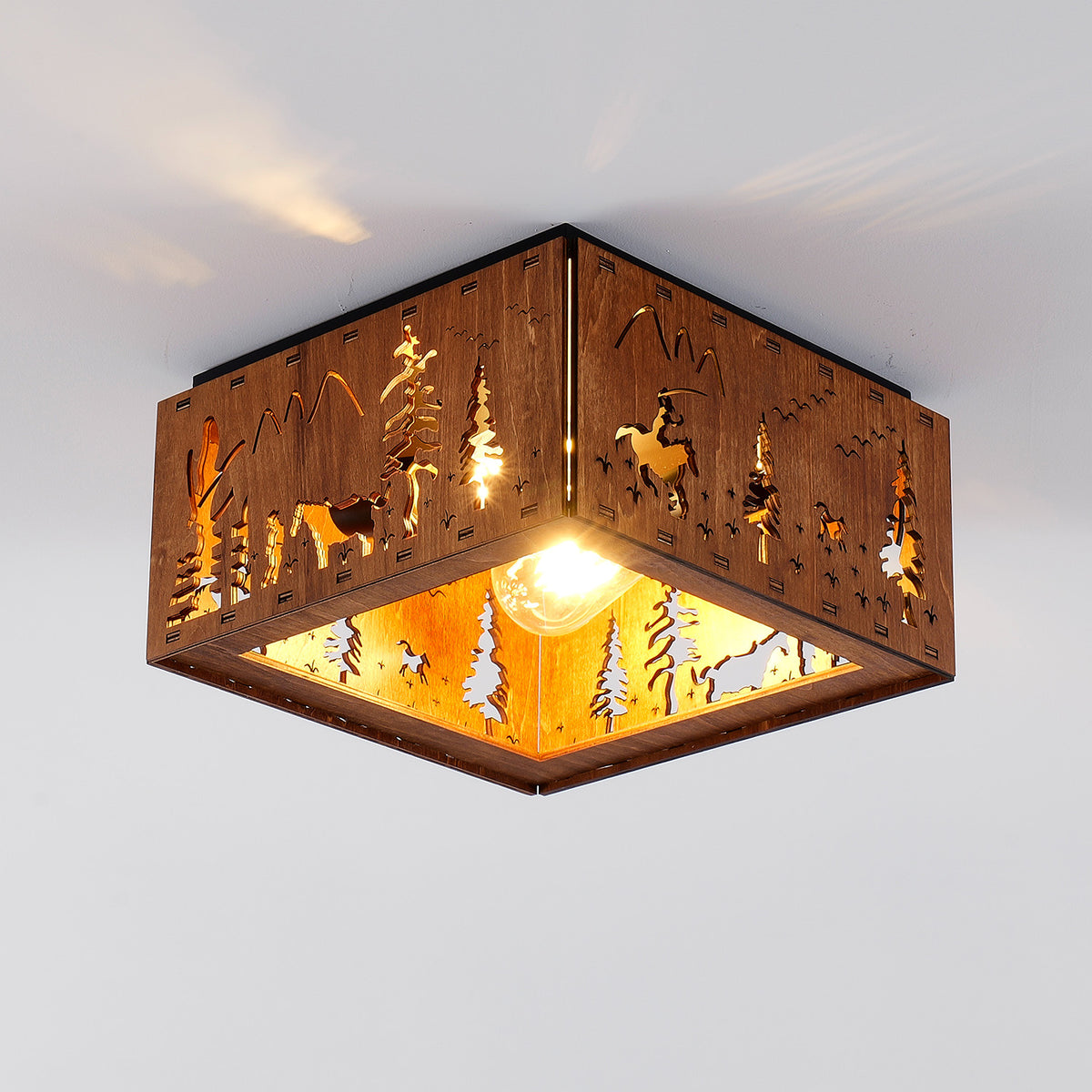 Square Walnut Flush Mount Ceiling Light, Tropical Palm Tree Cutout Wood Iron Ceiling Lamp with E26 Socket, Vintage Rustic Ceiling Light for Bedroom Hallway