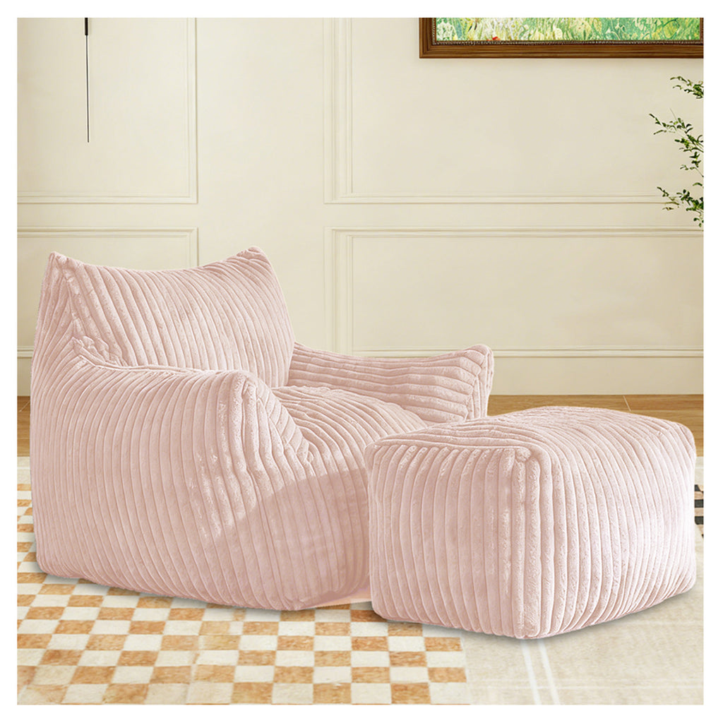 AEELLEEA Pink Striped Faux Fur Bean Bag Chair with Ottoman, Crushed Sponge Lazy Sofa, Oversized Accent Chair for Bedroom Living Room