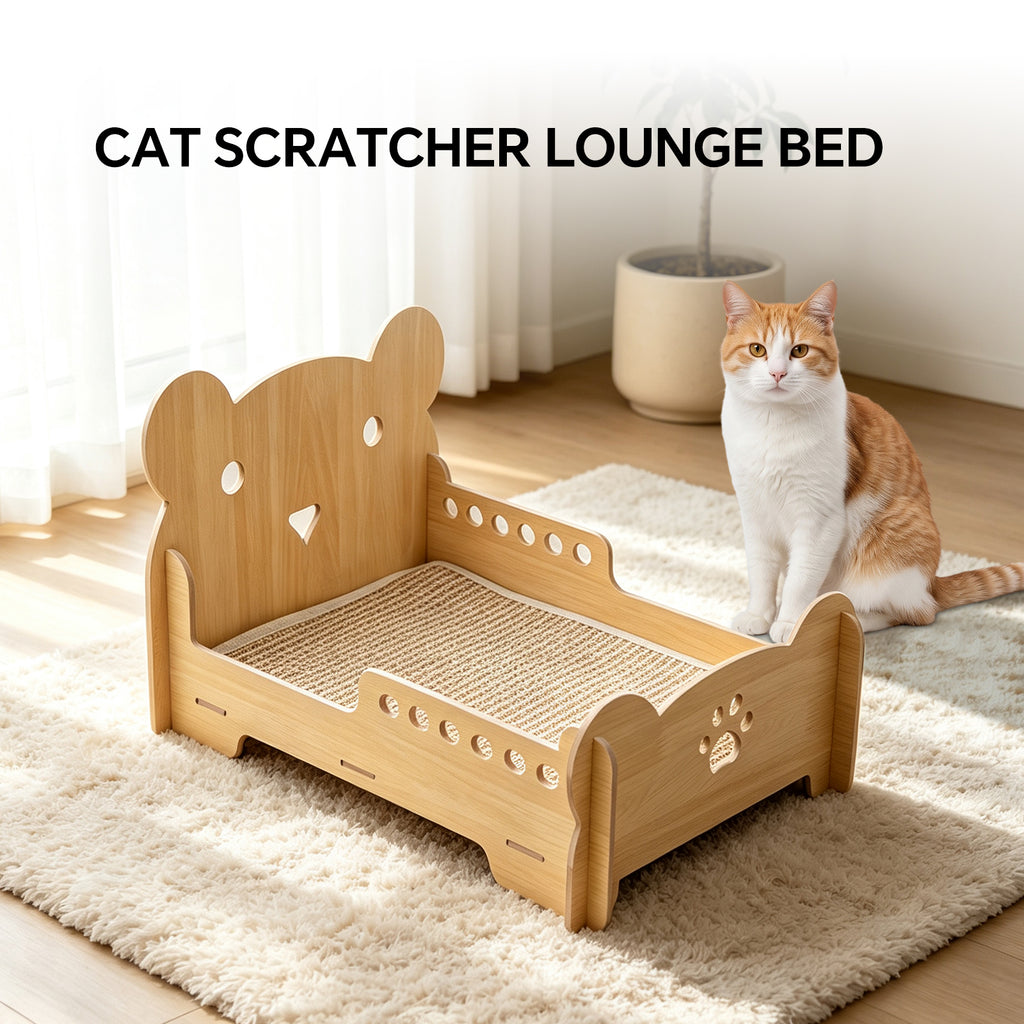Bear Head Wooden Cat Scratcher Bed, Elevated Cat Lounge Bed with Sisal Mat, Furniture Protector for Small Cats & Dogs