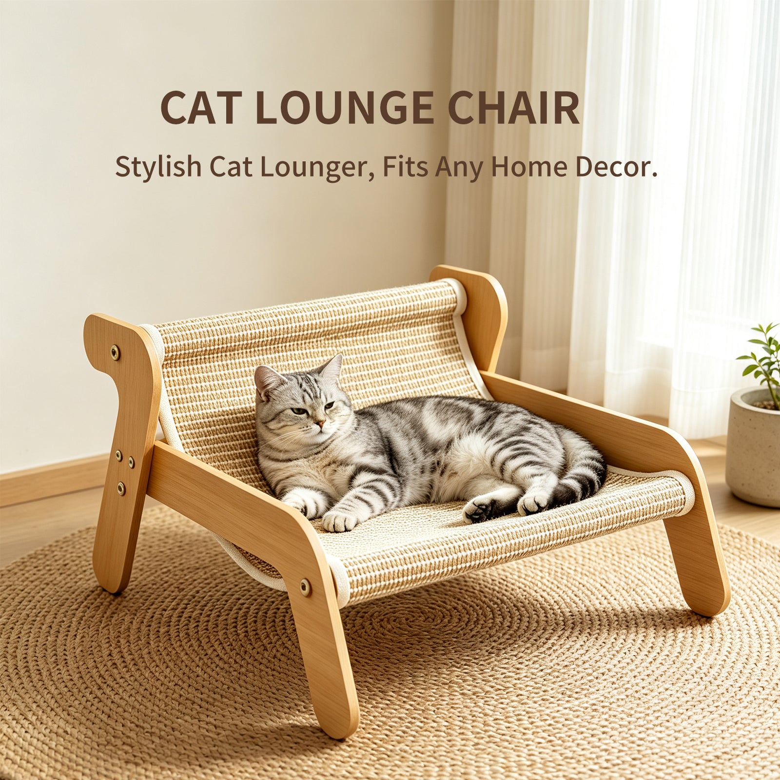 Sisal Cat Scratcher Couch, Wooden Frame Cat Lounger, Scratching Board Furniture for Indoor Cats
