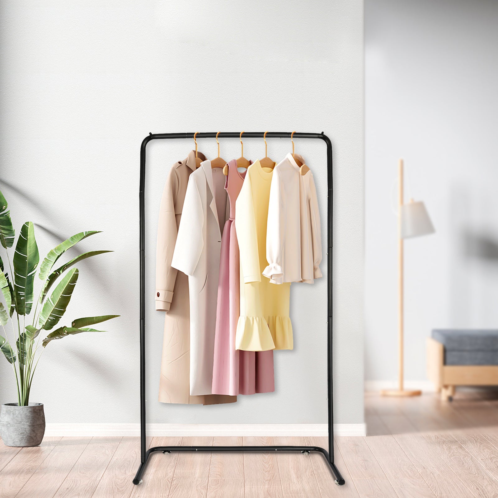 Black Rolling Garment Rack with Wheels, Adjustable Single Rod Metal Clothes Rack, Lightweight Clothing Organizer Holds Up to 50 lbs for Dorm, Bedroom, Laundry Room, and Balcony
