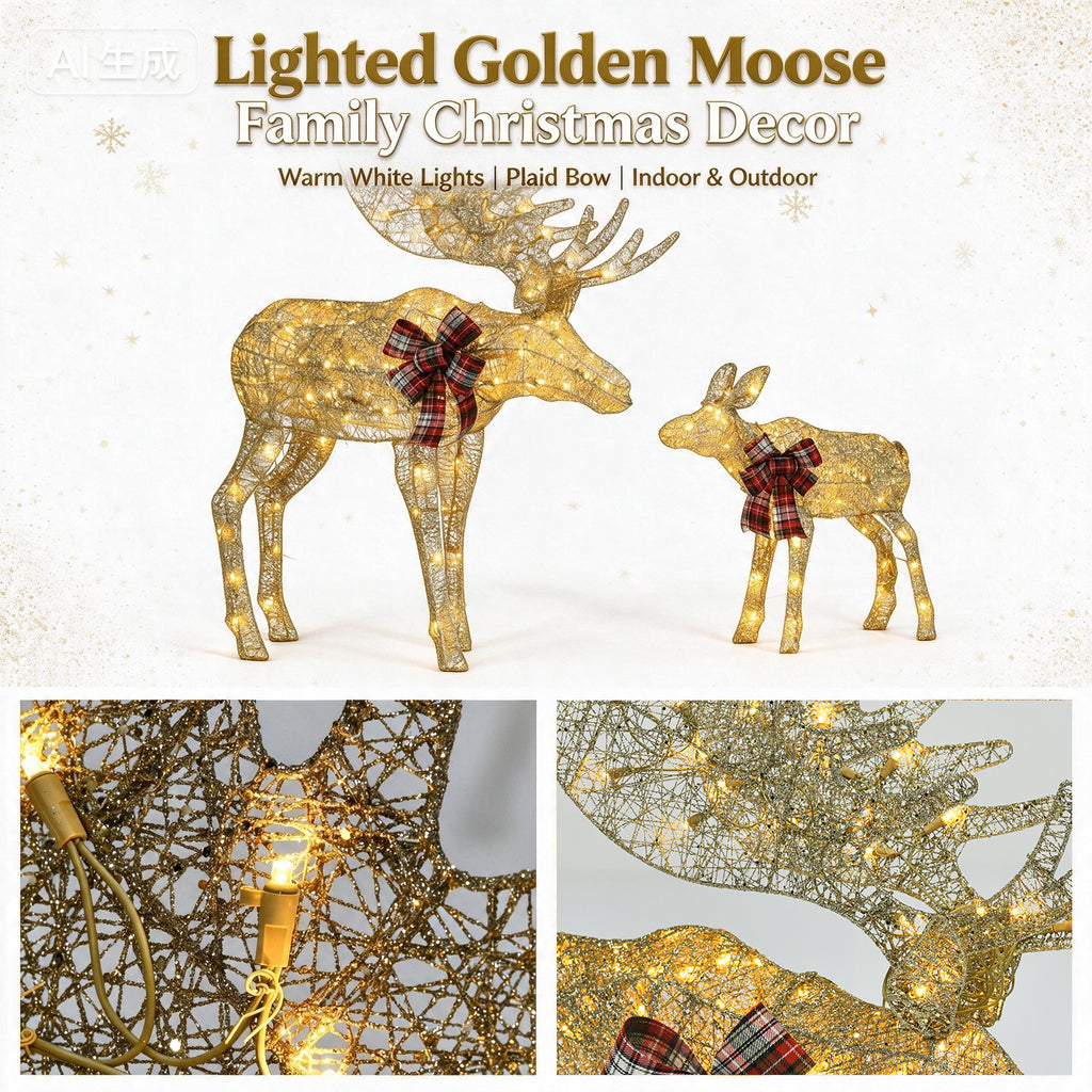 2‑Piece Lighted Christmas Deer Family, Pre‑lit Glittered Standing Ornaments with Stakes Included, Outdoor Yard & Home Holiday Decoration