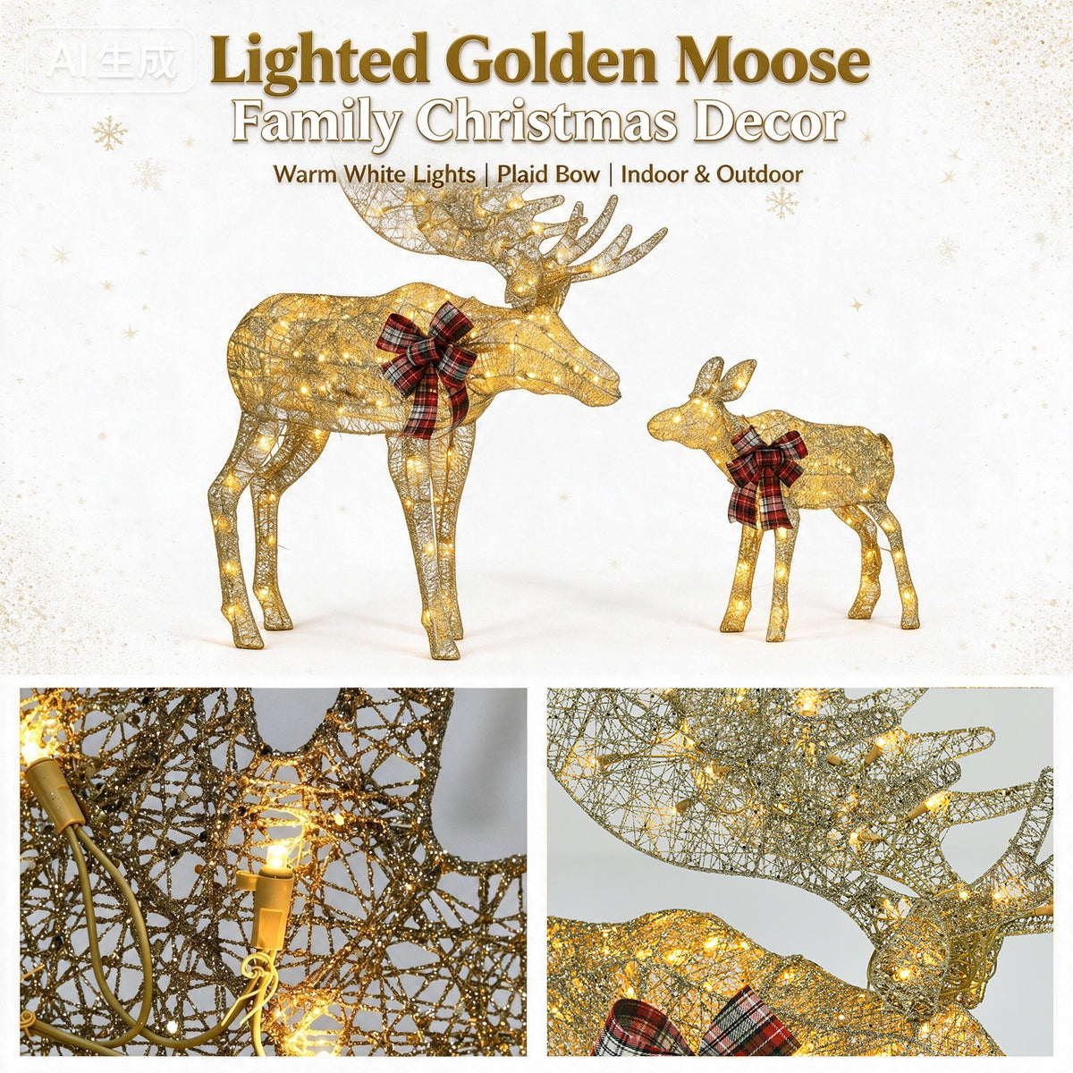 2‑Piece Lighted Christmas Deer Family, Pre‑lit Glittered Standing Ornaments with Stakes Included, Outdoor Yard & Home Holiday Decoration