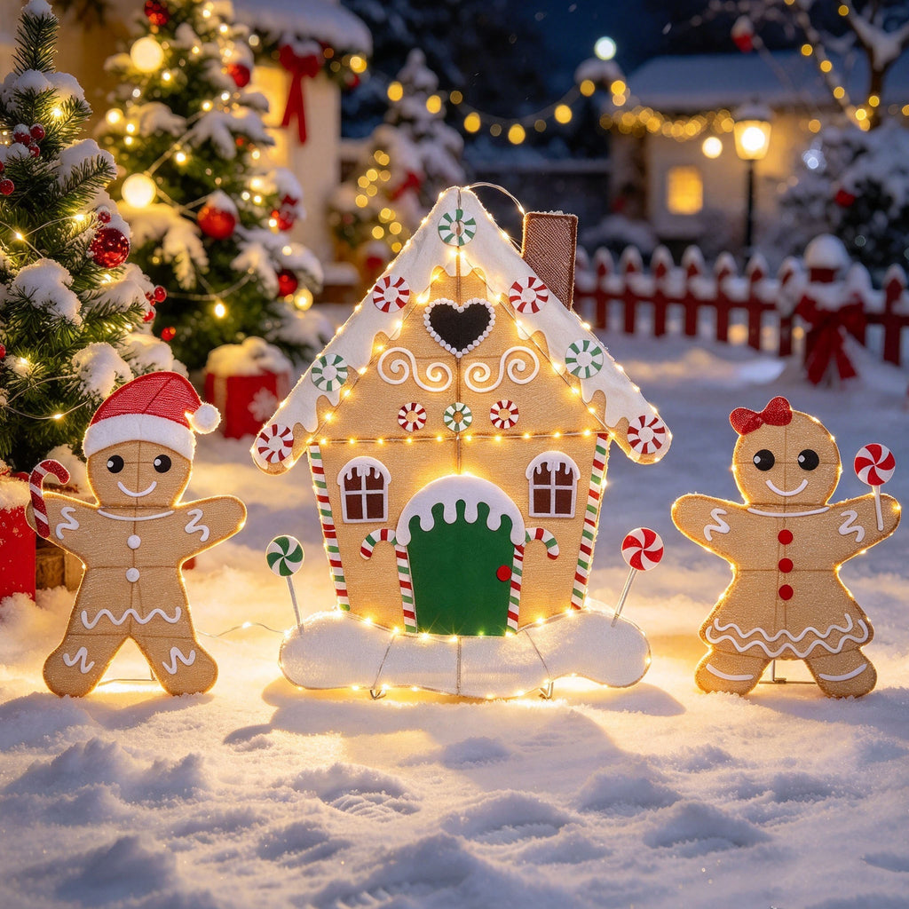 50" H 2D Gingerbread House Lighted Christmas Yard Decorations Set of 3 with 180 LED Lights