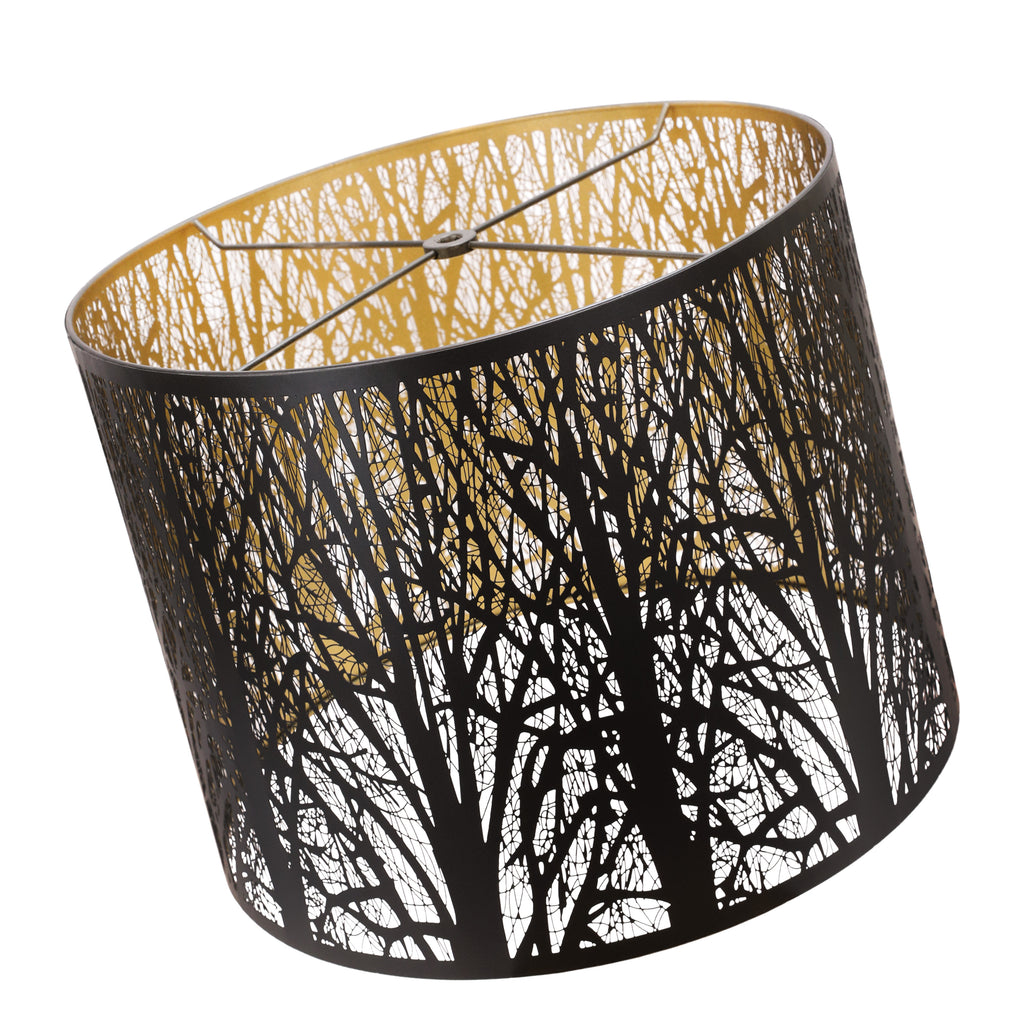 ALUCSET 14"×11" Drum Metal Lamp Shade, Black Gold Forest Etched Tree Shadow Lampshade with Spider Fitter for Table, Floor & Pendant Lights