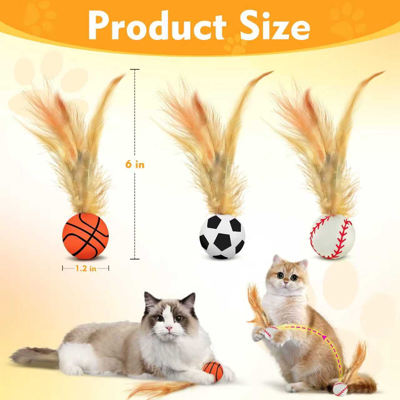 3 Pack Interactive Cat Ball Toys: Bouncy Elastic Balls with Natural Feathers for Indoor Cats & Kittens