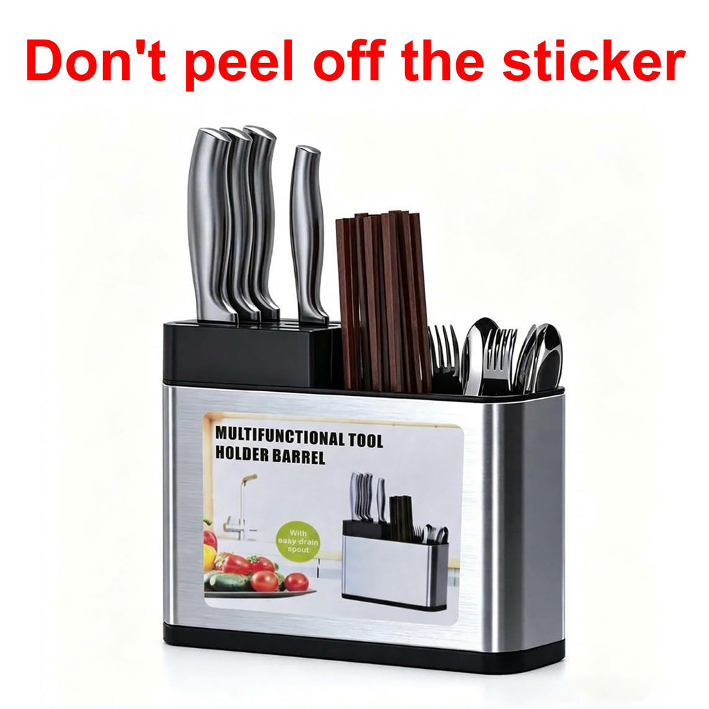 Multifunctional Kitchen Utensil Holder, Stainless Steel Countertop Knife & Cutlery Storage Organizer with Drain Holes for Kitchen Counter