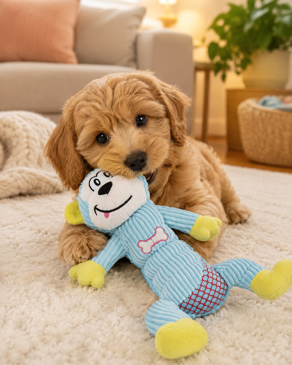 Plush Squeaky Monkey Dog Chew Toy, Corduroy Interactive Puppy Teething Toy, Durable Stuffed Pet Play Toy for Small Medium Dogs