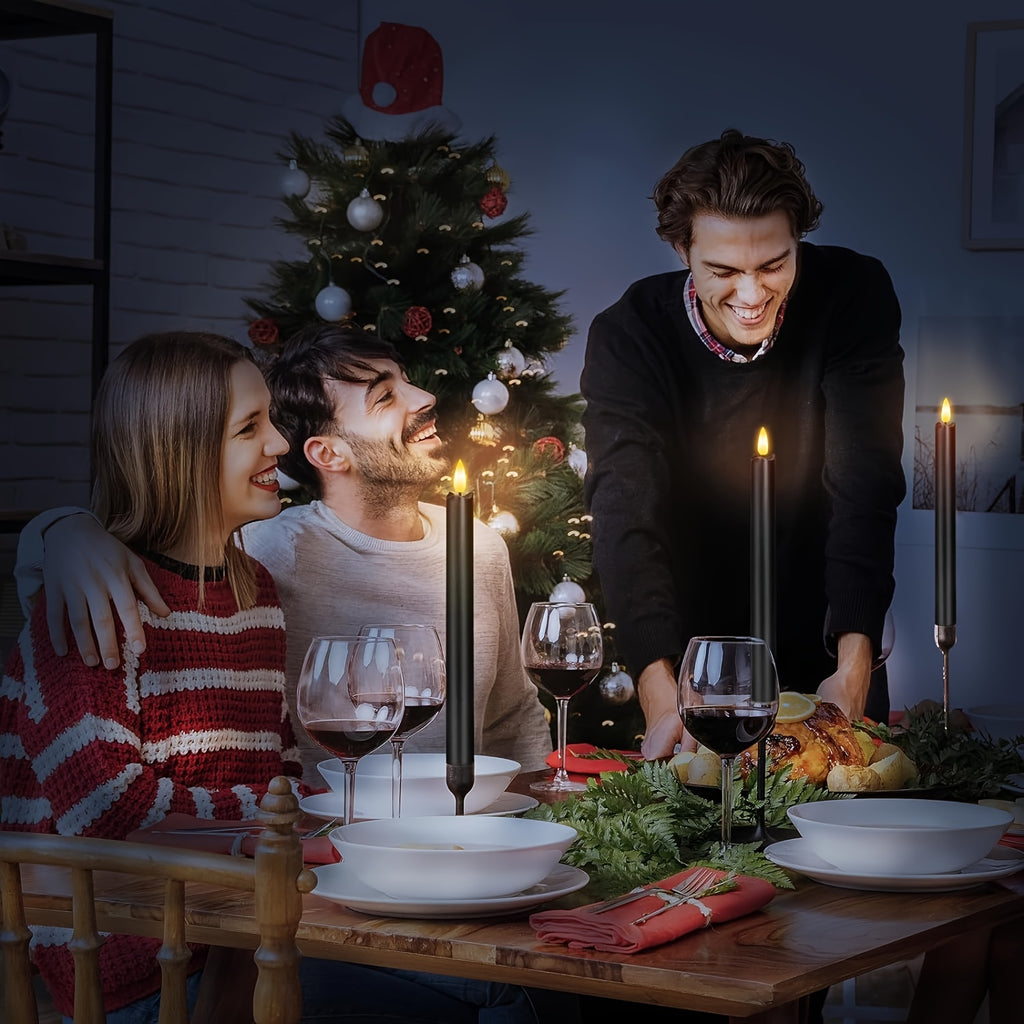 Flameless Black Taper Candles Flickering with 10-Key Remote, LED Warm 3D Wick Light Window Candles Real Wax Pack of 6, Christmas Home Wedding Decor