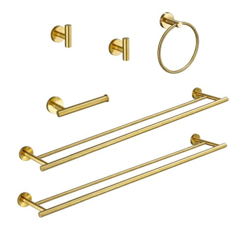 AEELLEEA 6-Piece Brushed Brass Bathroom Hardware Set, 23.6" Double Towel Bar Ring Toilet Paper Holder 2 Robe Hooks Wall Mount Kit