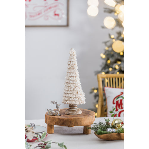D3.9x15" Cream Fringe Embellished Cone Tree with Wooden Base, Rustic Tabletop Christmas Decoration for Mantel, Desk & Shelf.