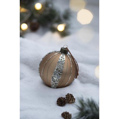 AEELLEEA 3.9" Bronze Glitter Striped Glass Christmas Ball Ornaments Set of 6, Hanging Baubles for Xmas Tree Holiday Home Decor