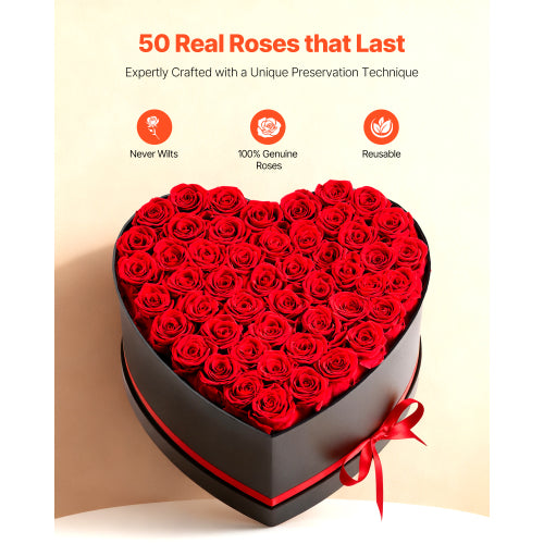 AEELLEEA 50 Preserved Red Roses Heart Box, Forever Real Roses for Valentine’s Day, Mother’s Day & Birthday