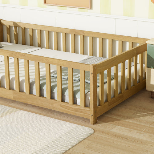 AEELLEEA Twin Size Montessori Floor Bed with Guardrails, Wooden Kids Bed Frame with Low Entry and Slats, Natural Wood