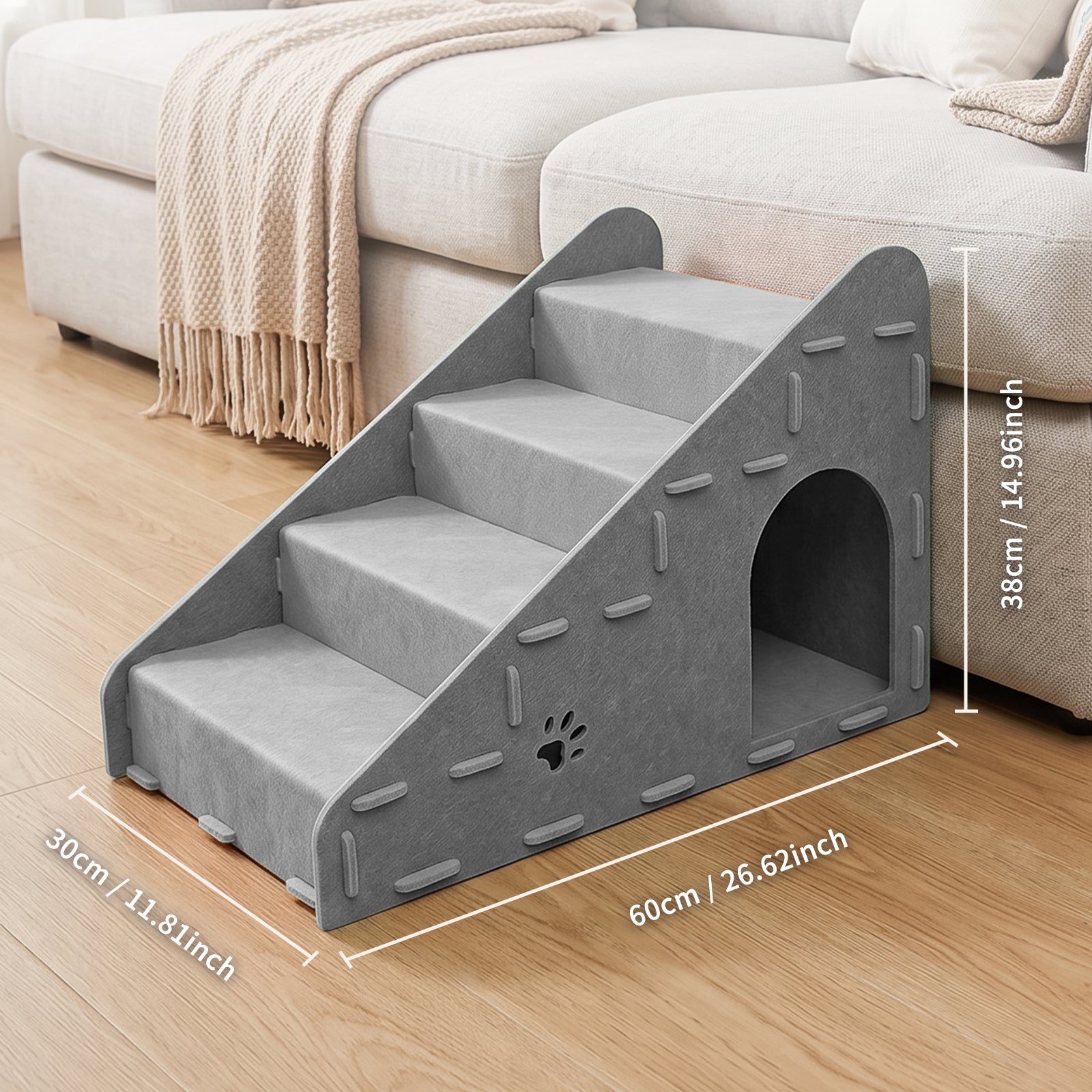 4-Step Felt Pet Stairs with Hideaway Cave, Non-Slip Dog Cat Ramp Steps for Sofa Bed, Small Pet Climbing Ladder