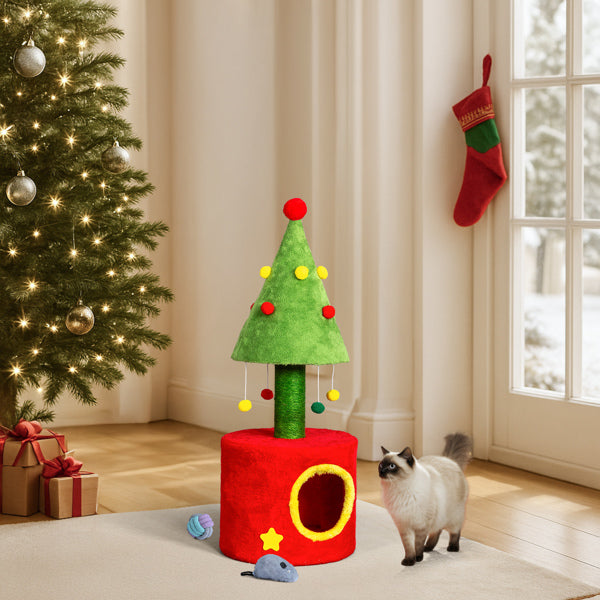 30 Inch Cat Scratching Post with Cat House, Small Cat Tree Tower with Sisal Scratching Post and Hanging Plush Balls, Indoor Kitten Cat Tree with Cozy Nest, Red & Green