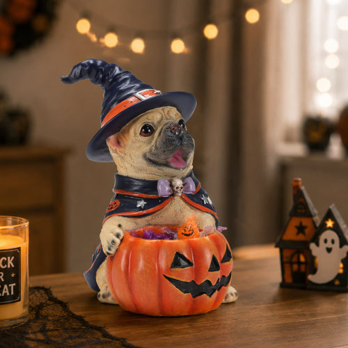 AEELLEEA Halloween French Bulldog Witch Puppy Figurine, Dog Statue with Pumpkin Candy Bowl, Tabletop Holiday Storage Decor