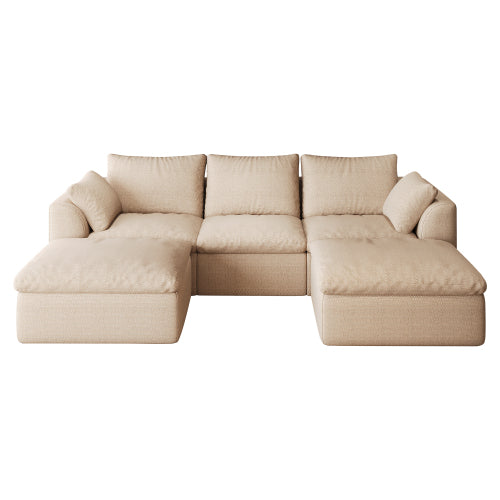 108" U Shaped Sectional Sofa, 5-Seat Double Chaise Cloud Couch, Khaki Linen Fabric Sofa for Living Room Apartment