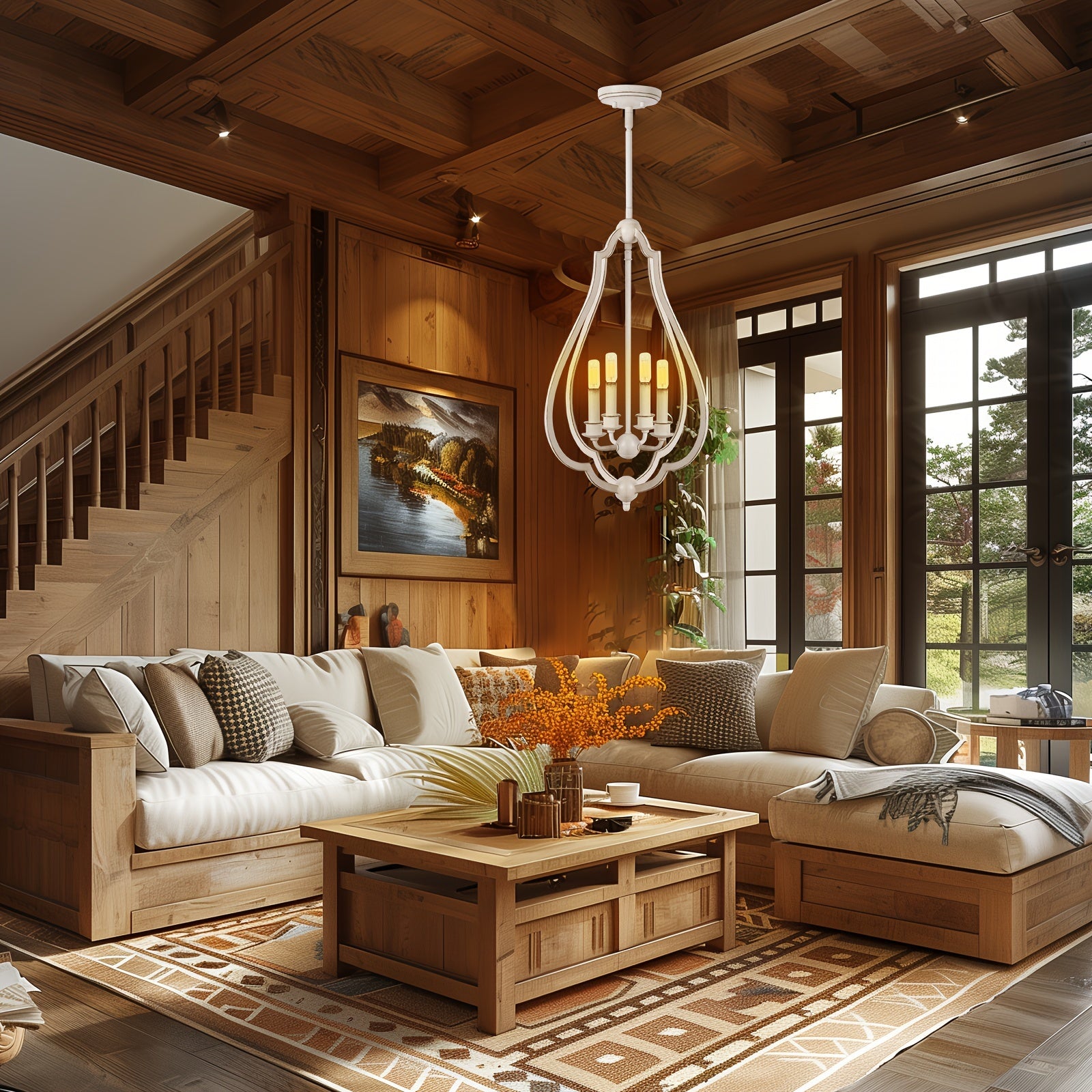 4-Light White Bud-Shaped Pendant Light - Vintage Metal French Country Style - Ideal for Kitchen Island, Farmhouse, Dining Room, Living Room, Bedroom & Foyer (Bulbs Not Included)