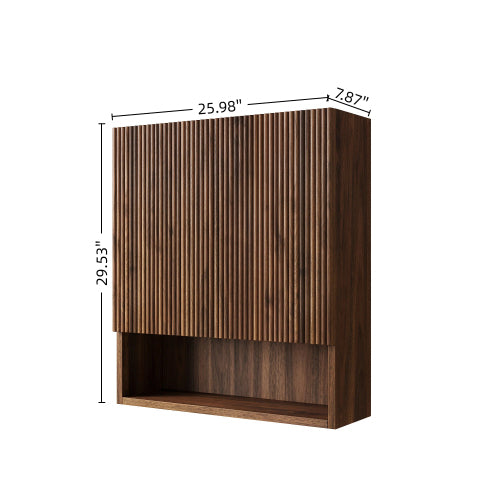 Wall Mounted Bathroom Cabinet, 26" Wood Storage Cabinet with Stripe Door and Open Shelf, Walnut Bathroom Organizer