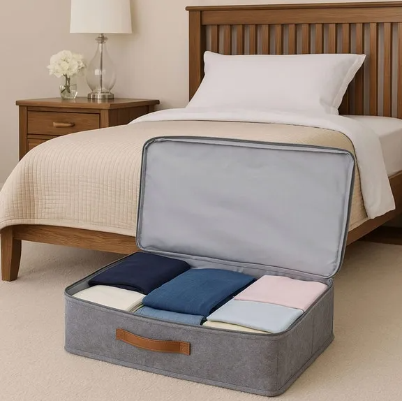 Under Bed Felt Storage Box with Handle & Zipper, Grey Foldable Underbed Storage Bin for Clothes, Bedding, Shoes, Bedroom Organization