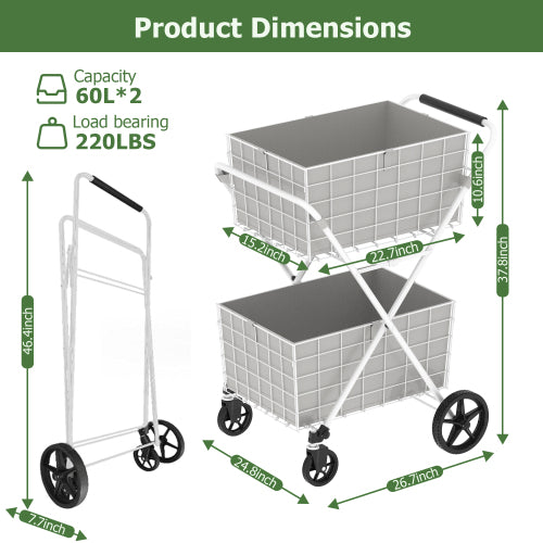 AEELLEEA 2-Tier Folding Shopping Cart with Waterproof Liners, 120L Capacity, 220 lb Load Capacity, White