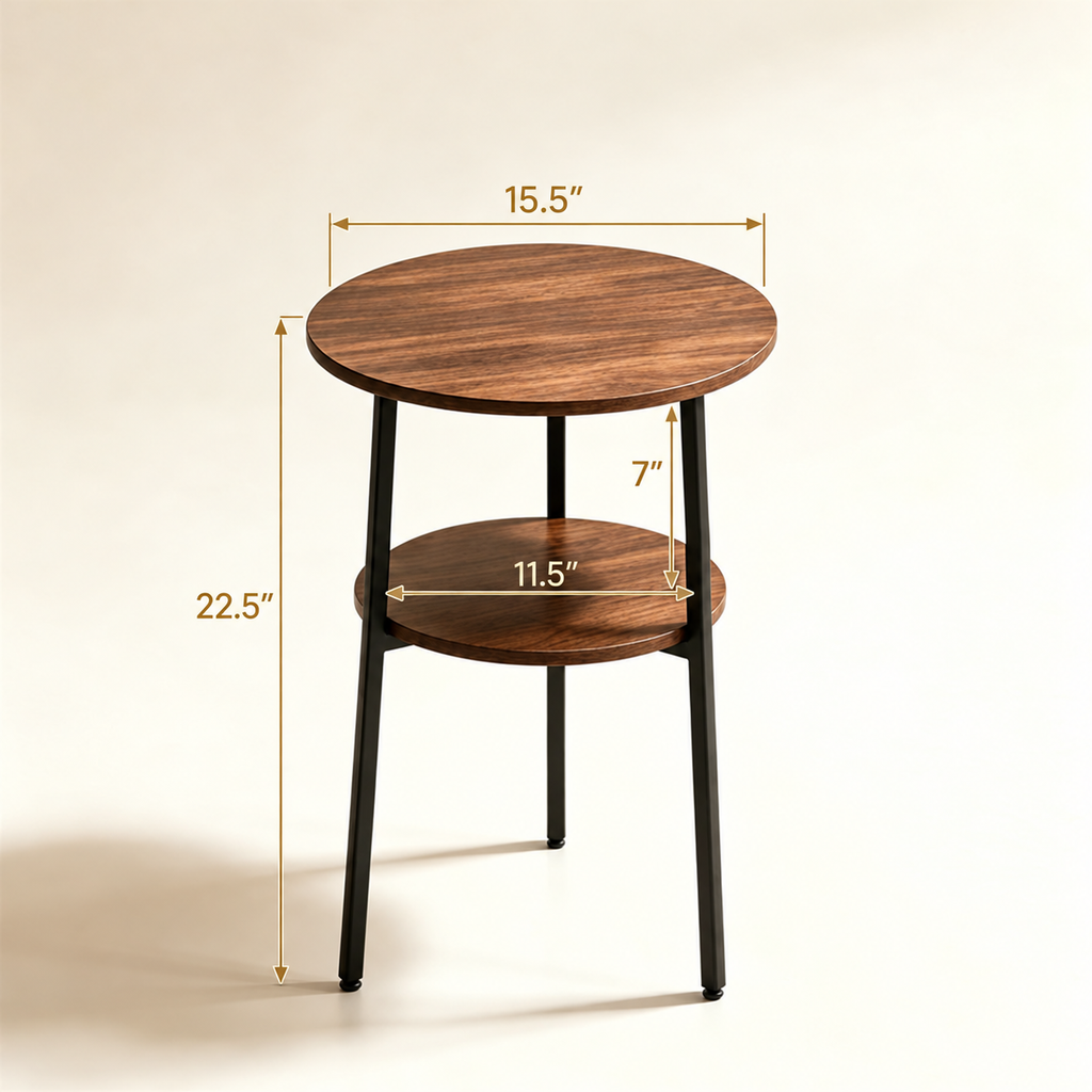 2-Tier Round Side Table, Rustic Wood Grain End Table with Sturdy Metal Frame, Small Accent Coffee Table for Living Room Bedroom Small Spaces