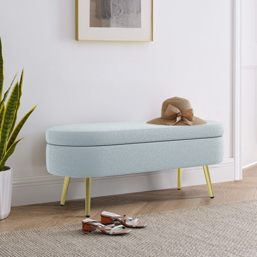 AEELLEEA 43 Inch Oval Storage Ottoman Bench, Light Blue Textured Fabric Bench with Gold Metal Legs for Bedroom Entryway