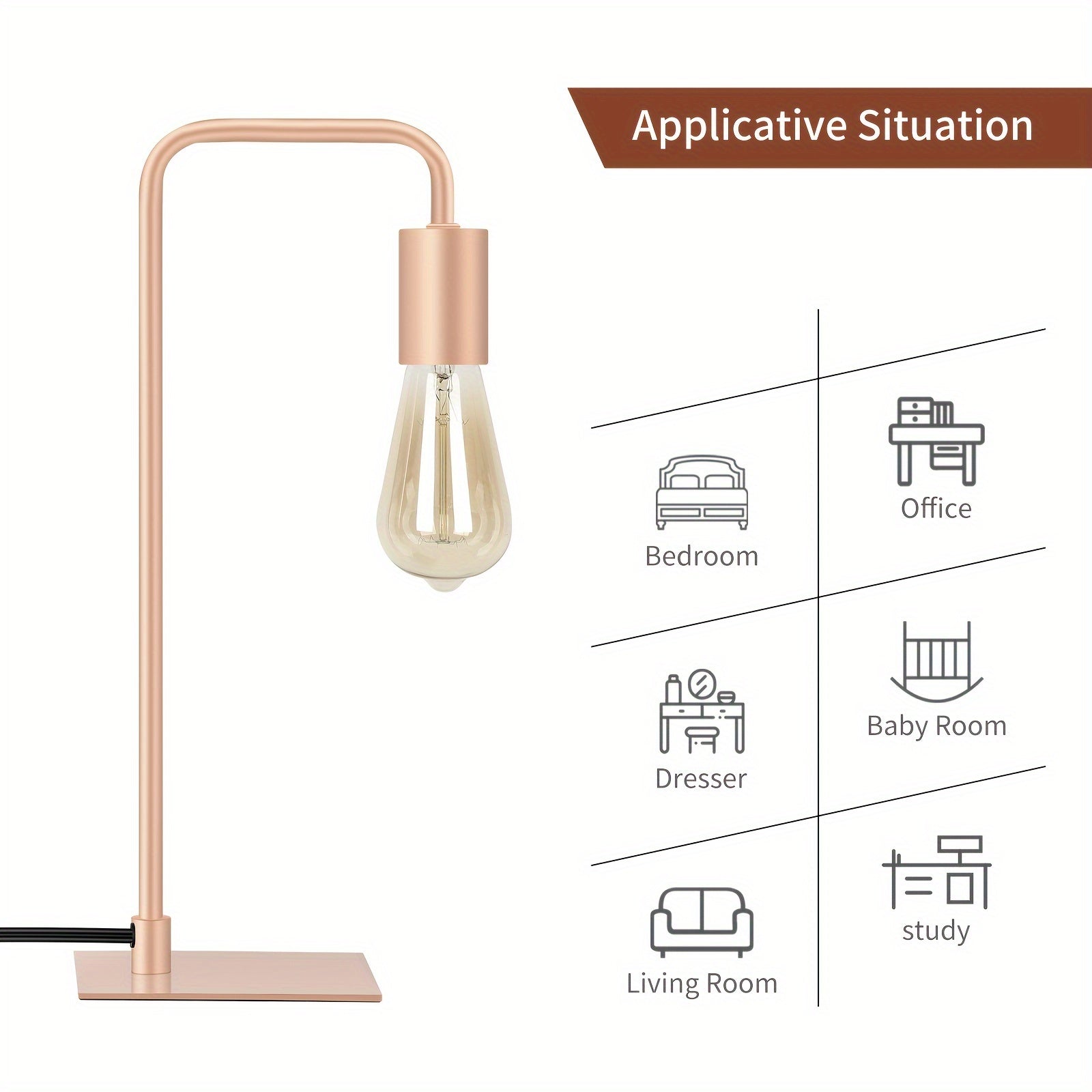 Rose Gold Desk Lamp - Edison Desk Lamp - Industrial Bedside Lamp For Bedroom, Living Room, Dormitory - Small Metal Lamp For Reading, Nightstand, Dressing Table