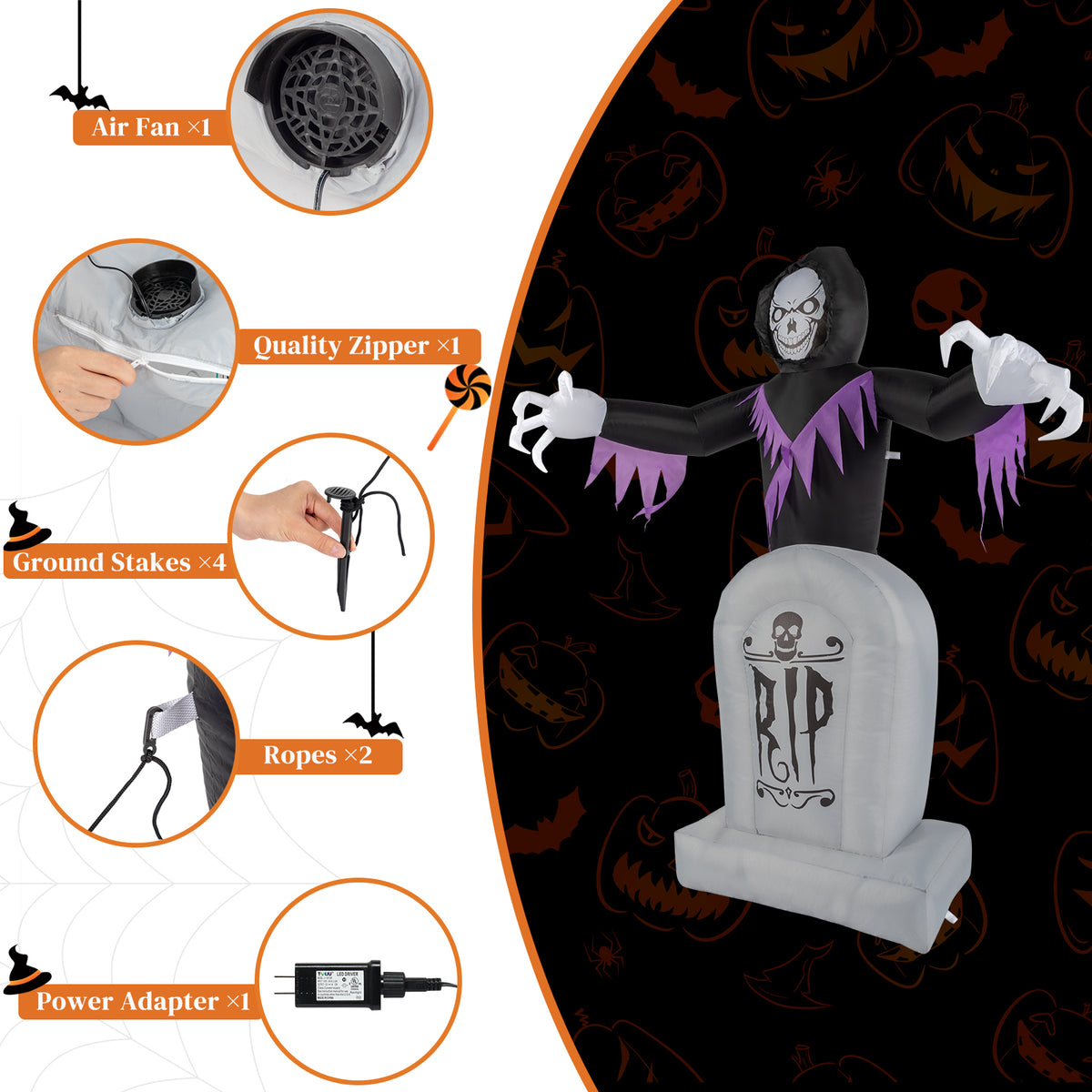 6ft Halloween Inflatable Grim Reaper with Grave, 3 LED String Lights, 12V Waterproof Outdoor Yard Lawn Decoration with Stakes & Sandbags